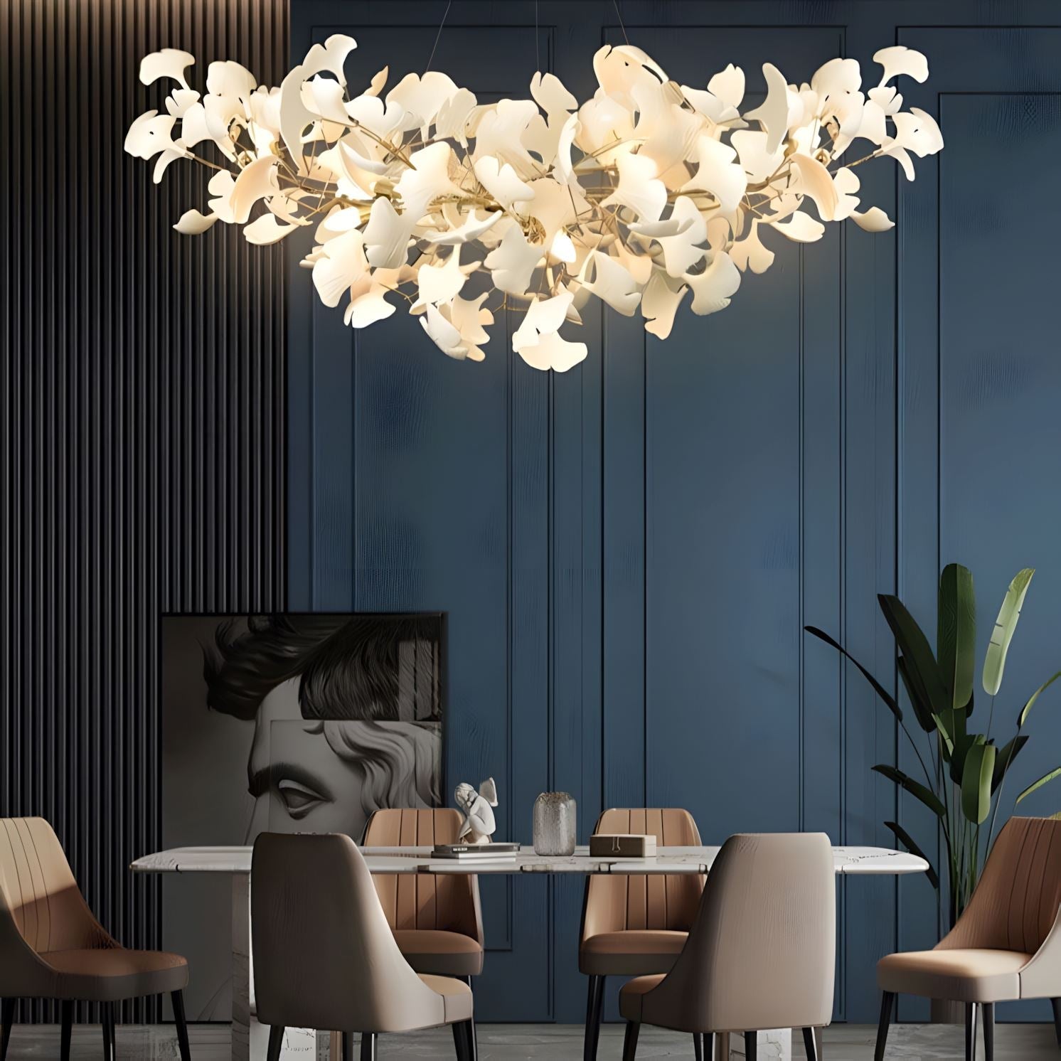 Ceramic Ginkgo Leaf Rectangular Chandelier above a dining table