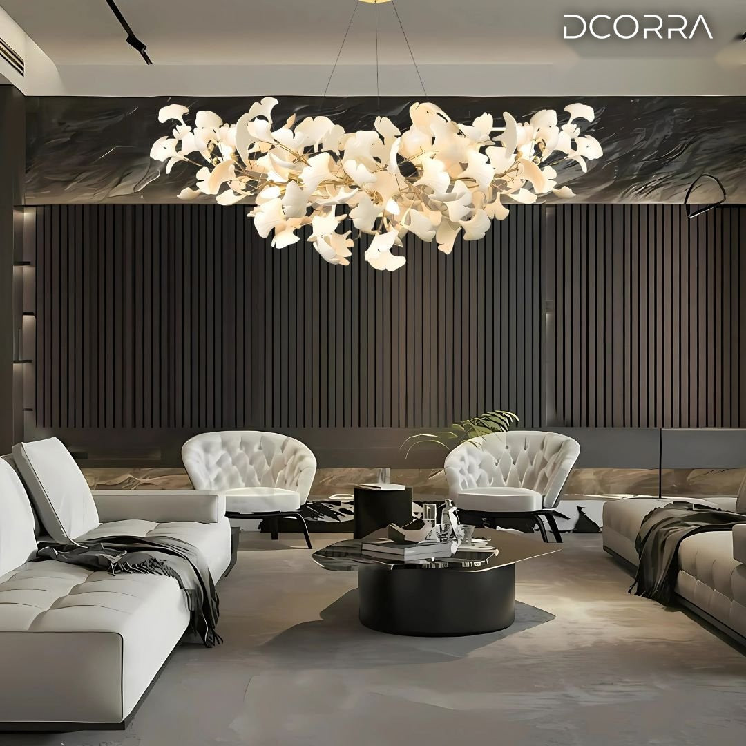 Ceramic Ginkgo Leaf Rectangular Chandelier in a living room