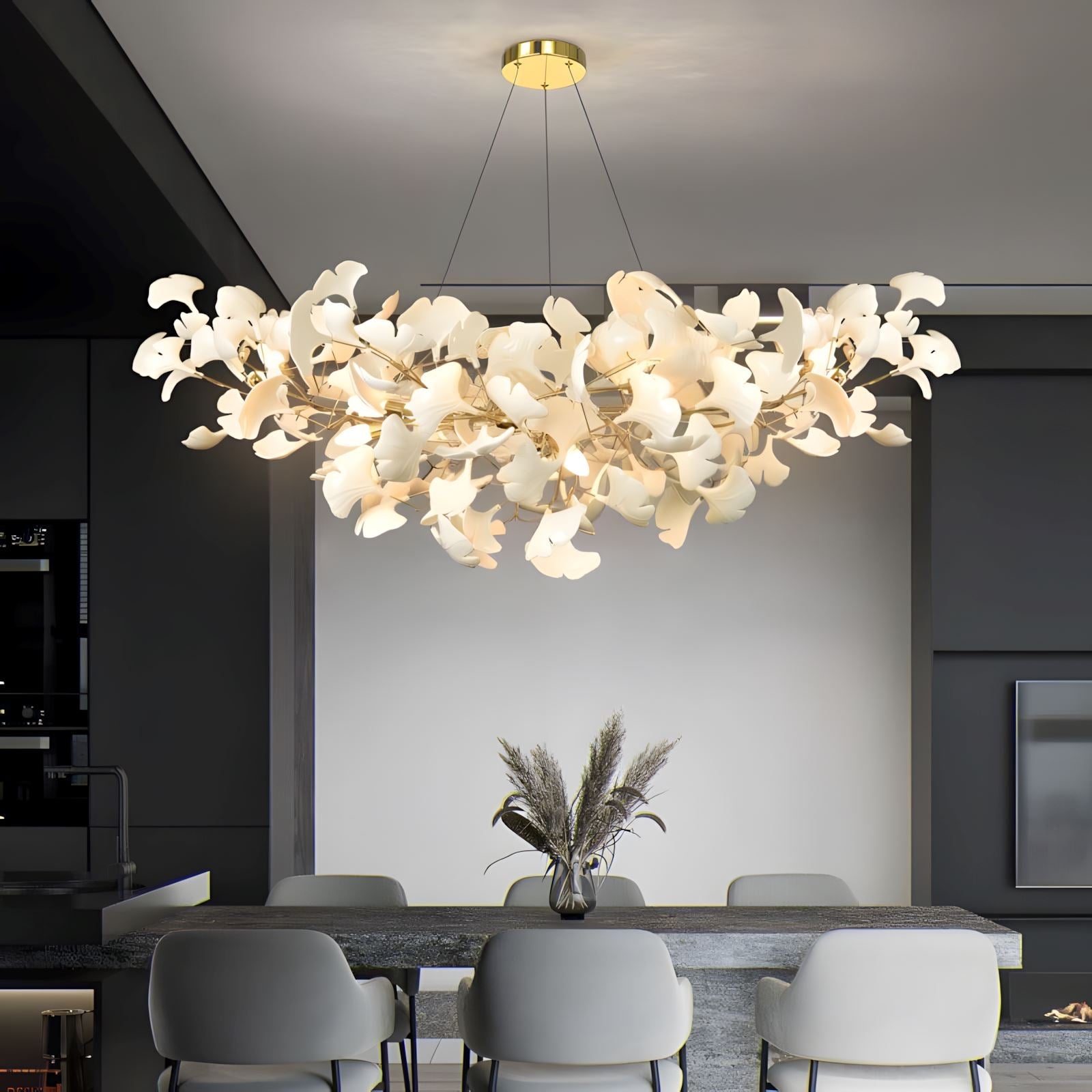 Ceramic Ginkgo Leaf Rectangular Chandelier above a dining table