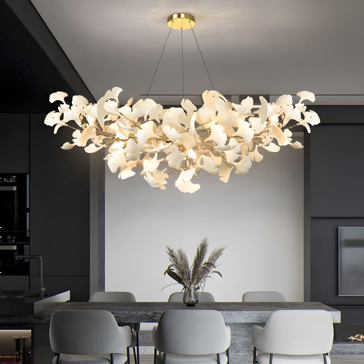 Ceramic Ginkgo Leaf Rectangular Chandelier above a dining table