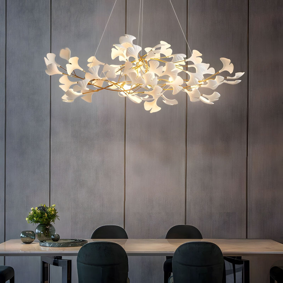 Ceramic Ginkgo Leaf Rectangular Chandelier above a dining table