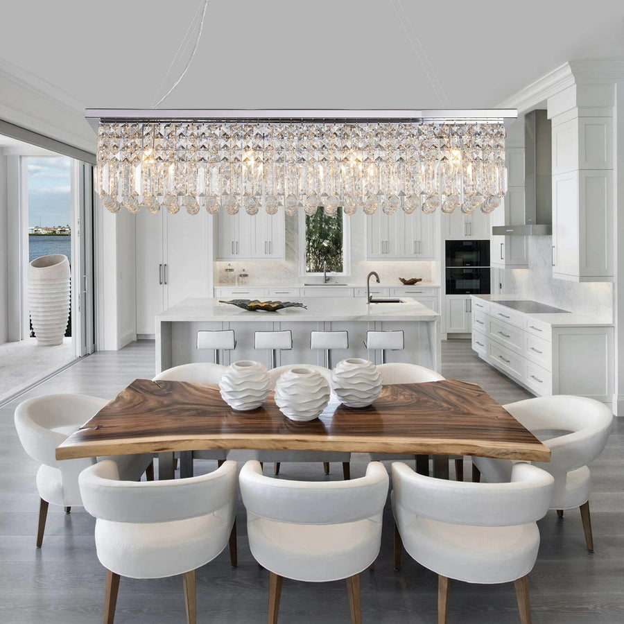 Chrome Linear Bar Crystal Chandelier above a dining table