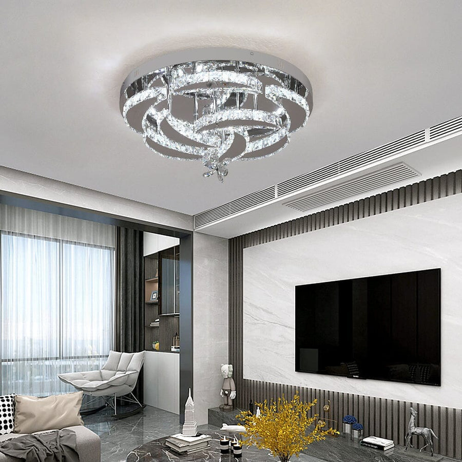 Chrome Tiered Crystal Rose Flush Chandelier in a living room