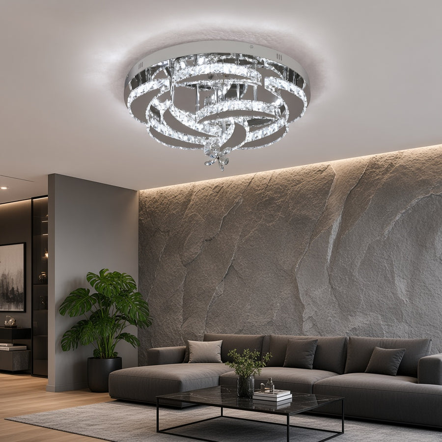 Chrome Tiered Crystal Rose Flush Chandelier