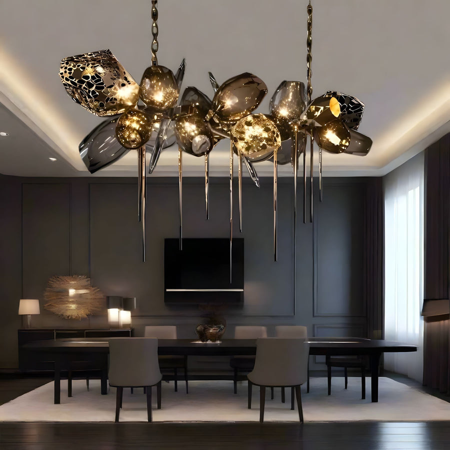 Cognac Glass Globe Chandelier above a dining table