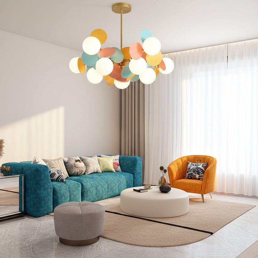 Colorful Disc and Globe Molecular Chandelier in a living room
