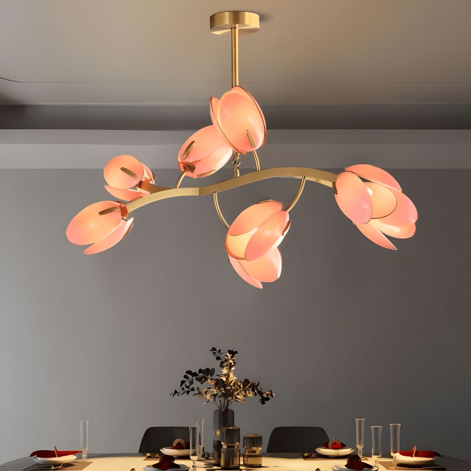 Copper and Glass Petal Chandelier above a dining table