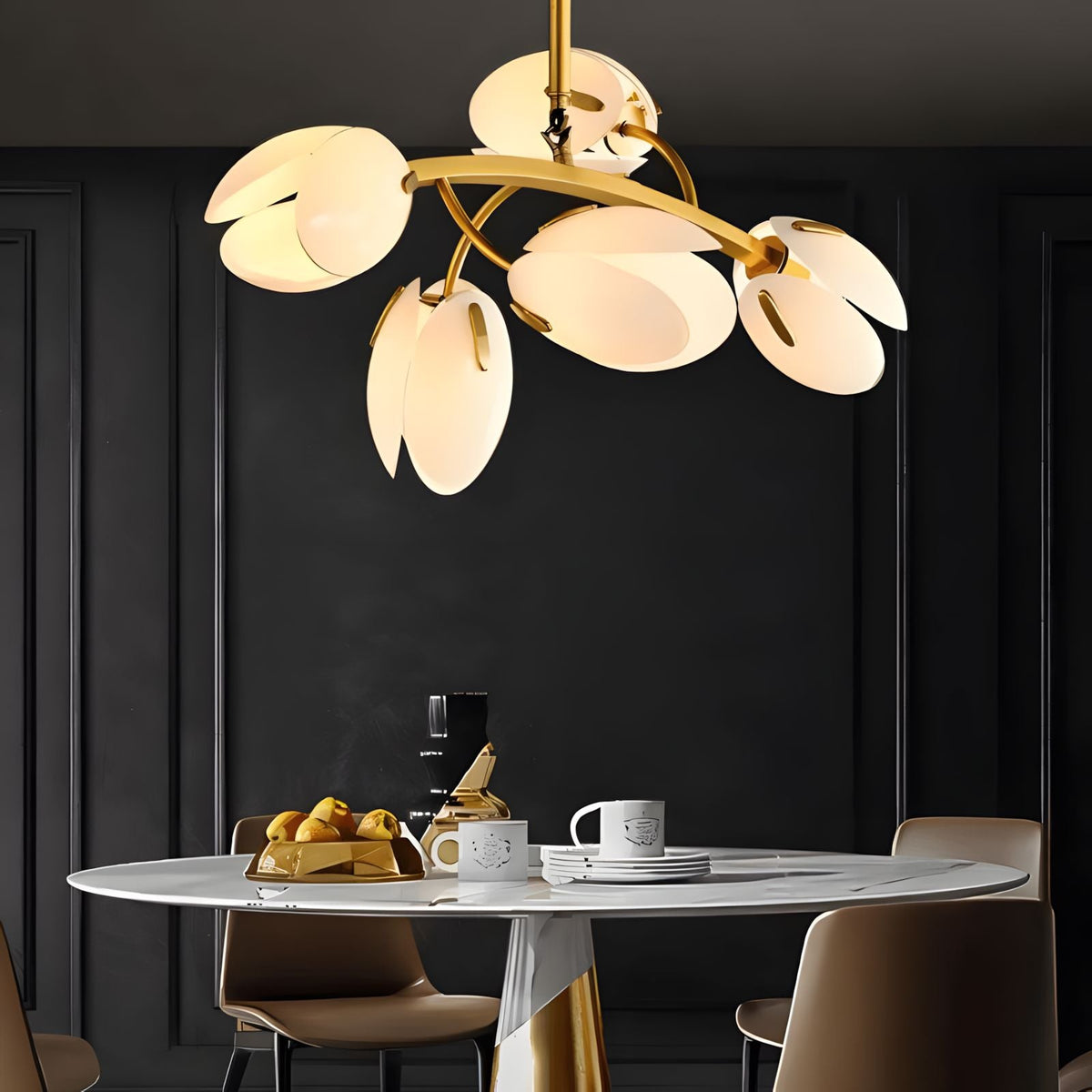 Copper and Glass Petal Chandelier above a dining table