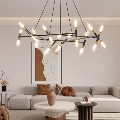 Crossed Frosted Tube LED Chandelier with Remote in a living room