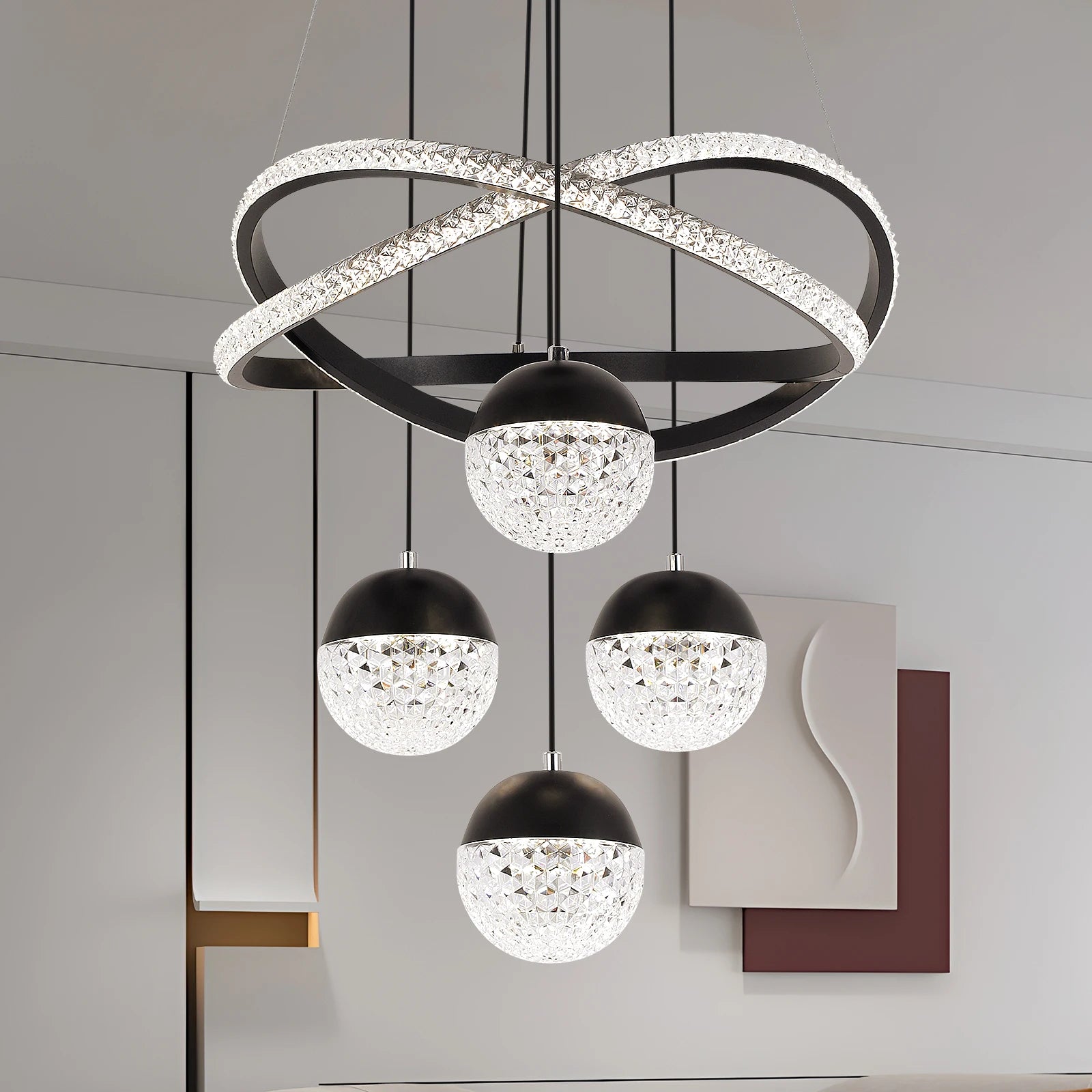 Crossed LED Ring Crystal Globe Chandelier - view 2
