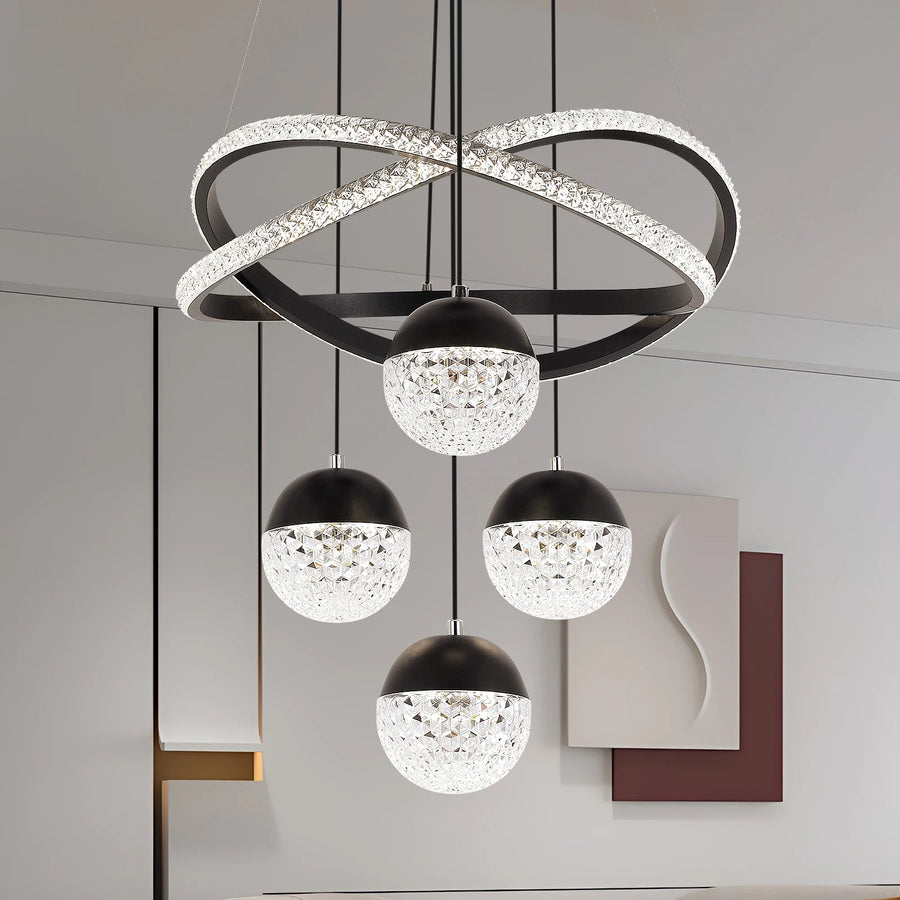 Crossed LED Ring Crystal Globe Chandelier