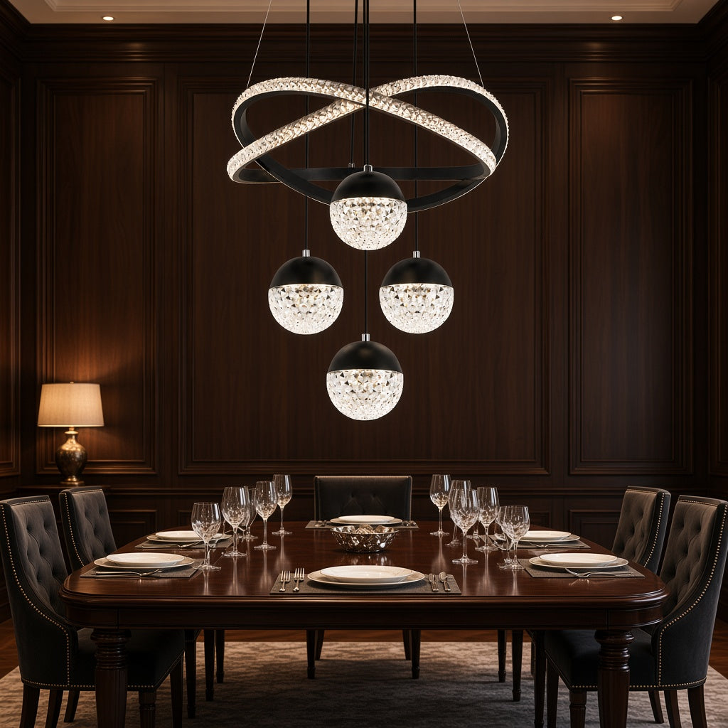 Crossed LED Ring Crystal Globe Chandelier
