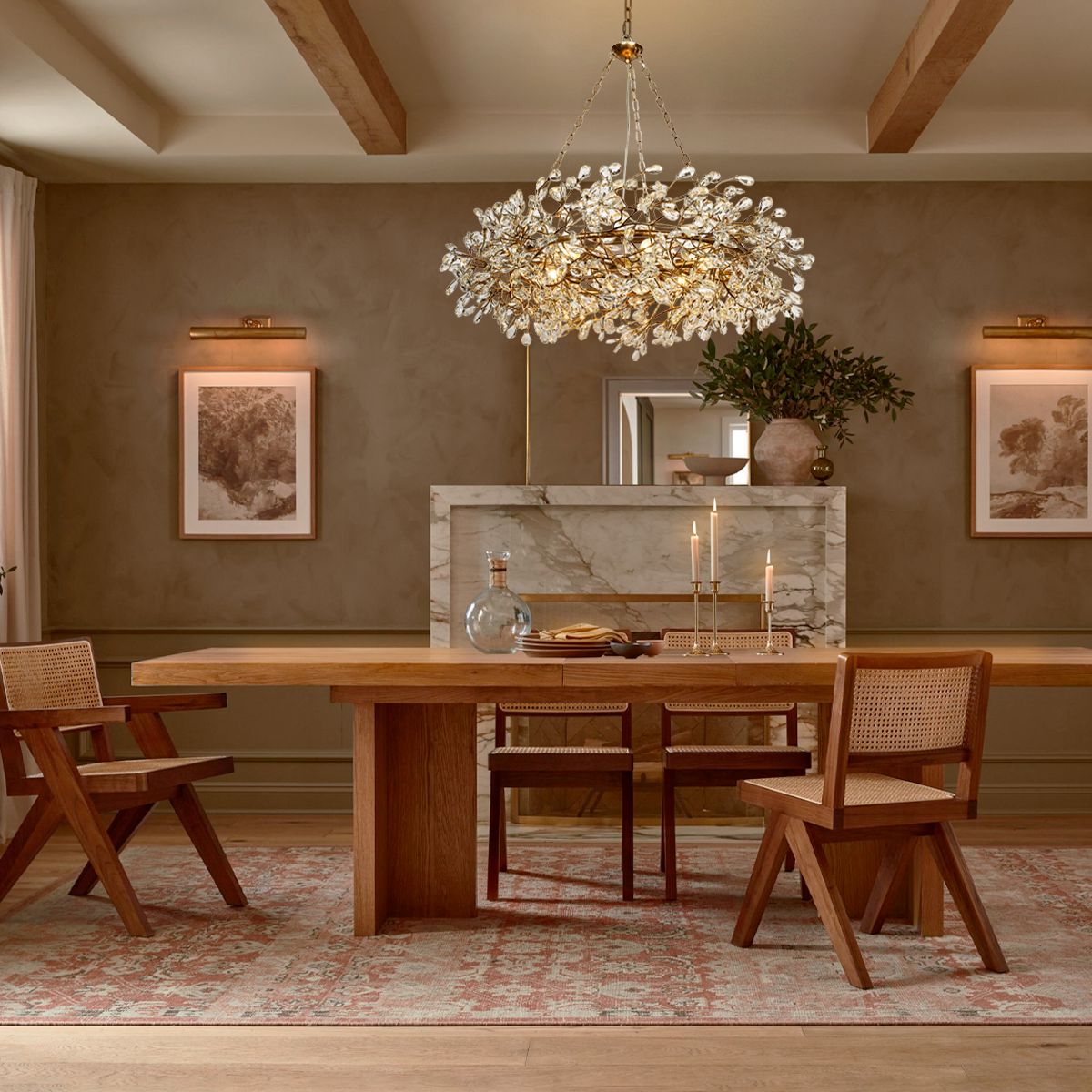 Crystal Flower Branch Chandelier above a dining table