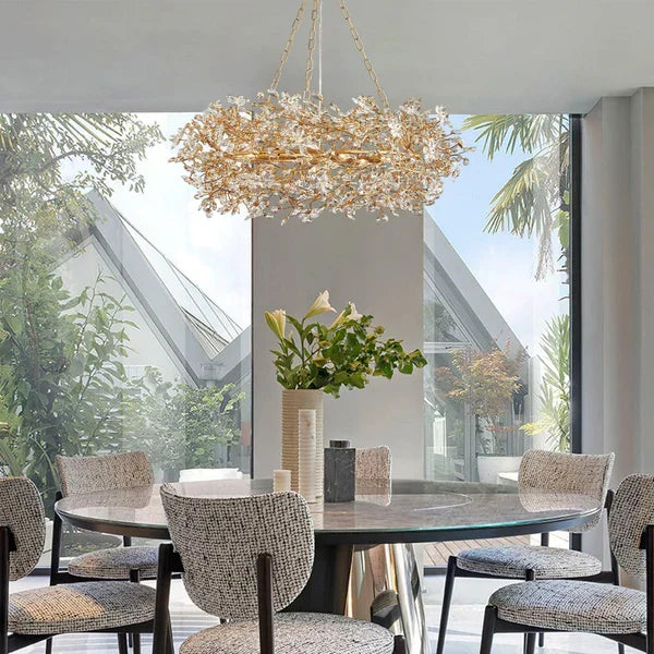 Crystal Flower Branch Chandelier above a dining table