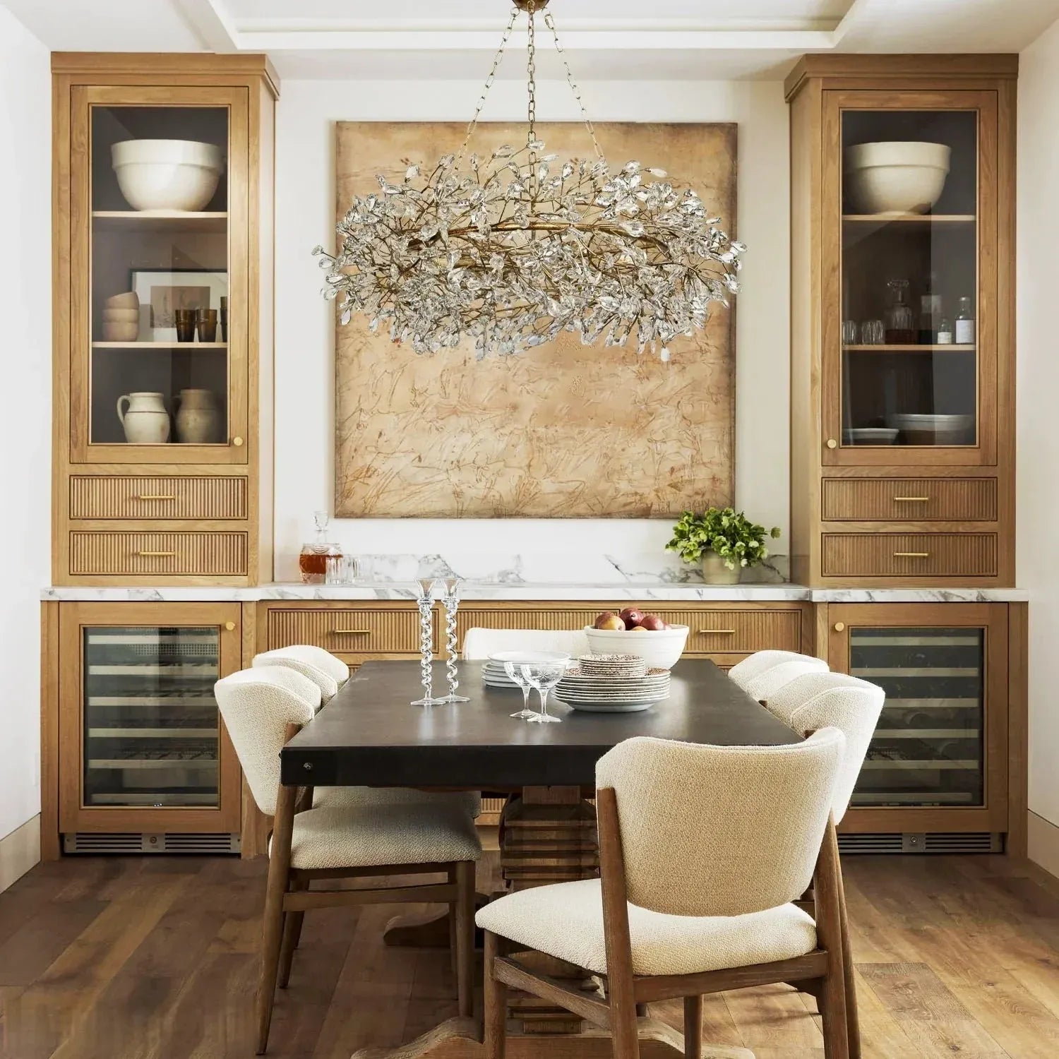 Crystal Flower Branch Chandelier above a dining table