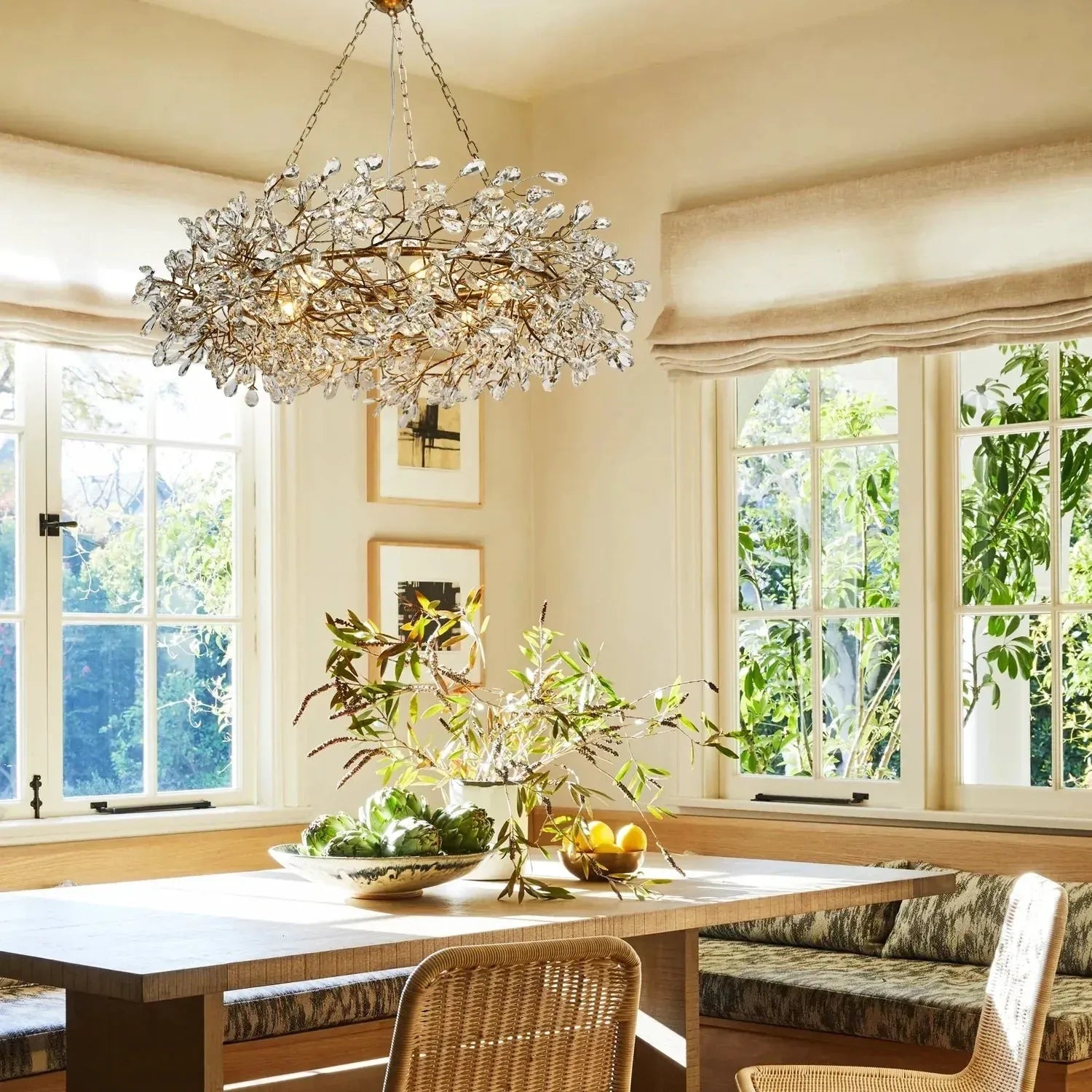 Crystal Flower Branch Chandelier above a dining table