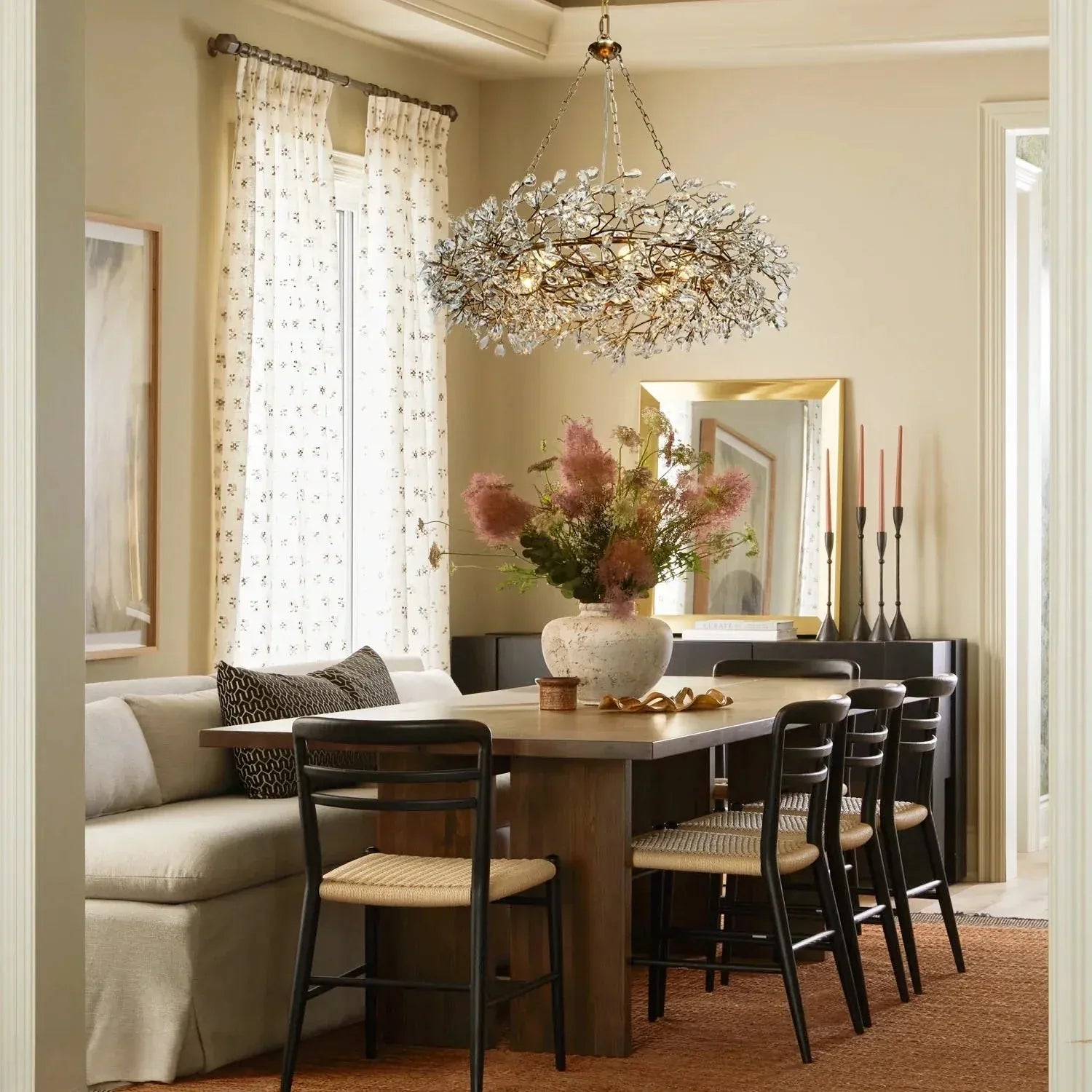 Crystal Flower Branch Chandelier above a dining table
