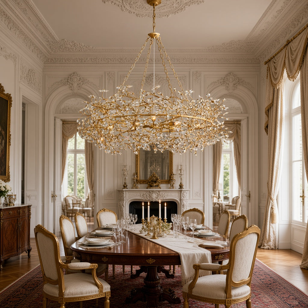 Crystal Flower Branch Chandelier in gold, 48" above a dining table