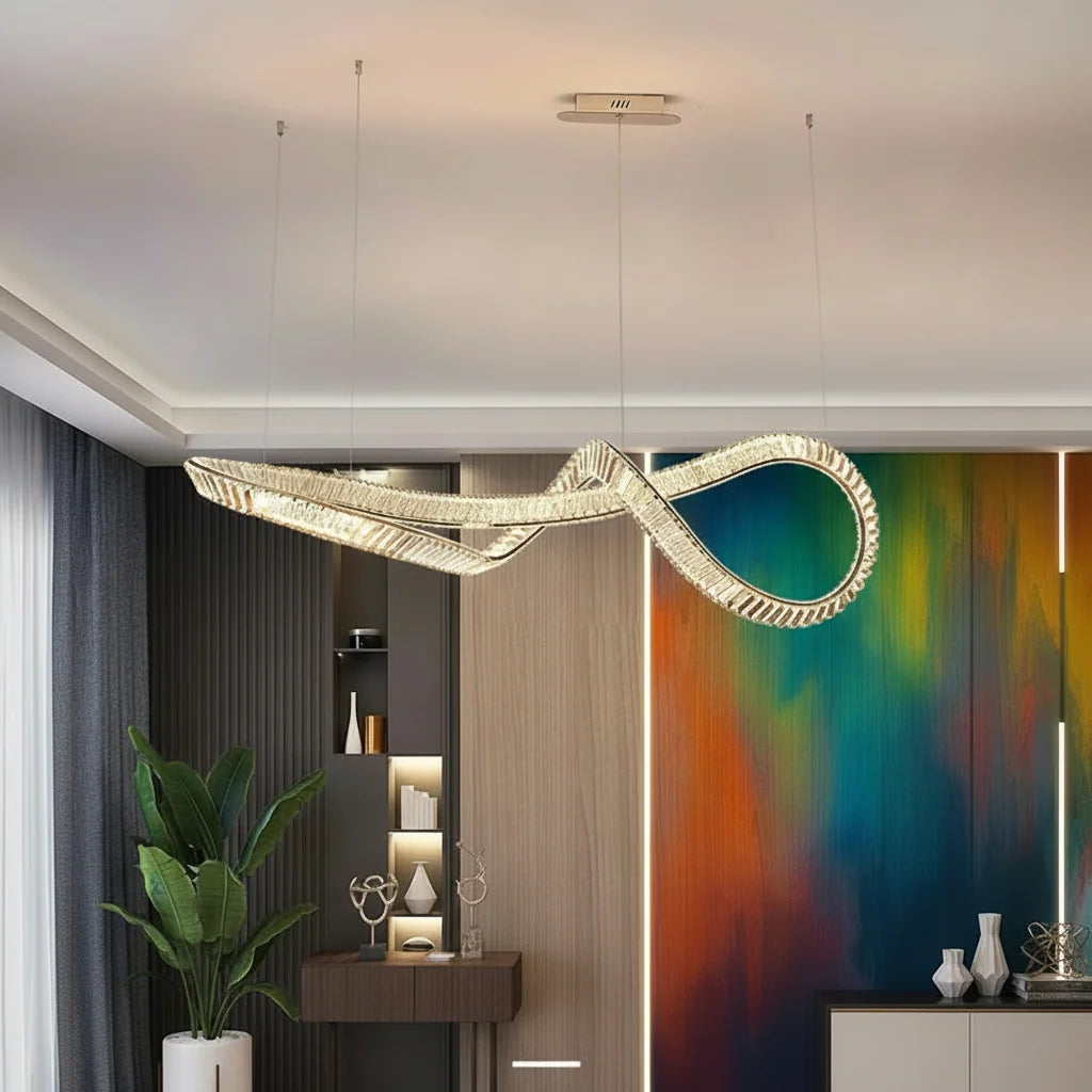 Crystal Linear Chandelier with Remote above a dining table