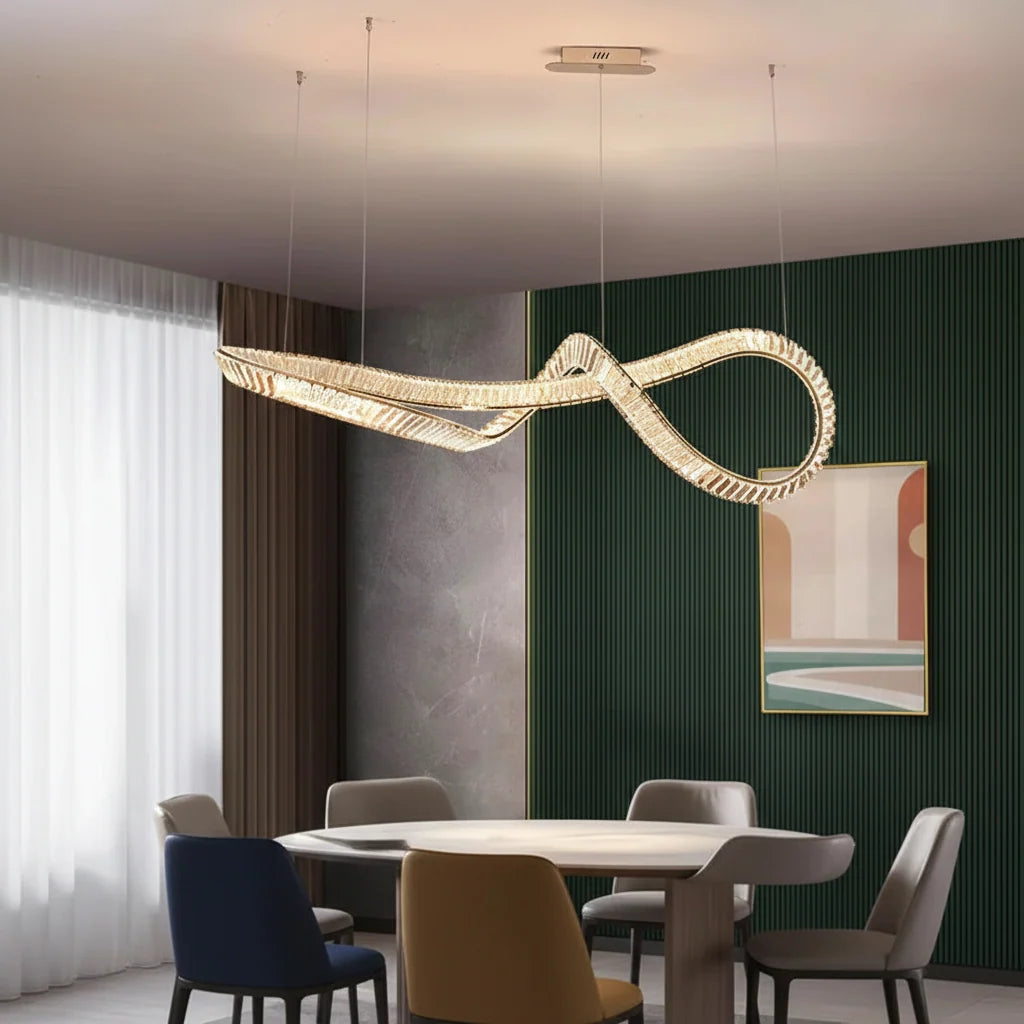 Crystal Linear Chandelier with Remote above a dining table
