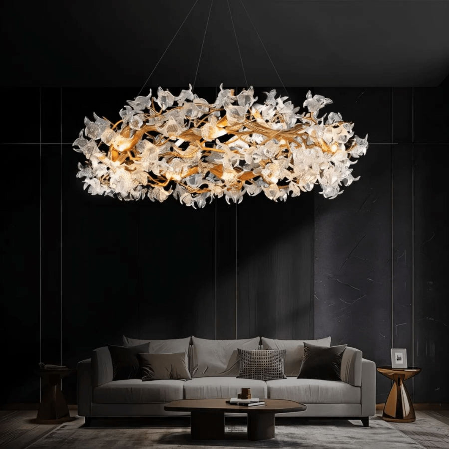 Crystal Petal Brass Chandelier in a living room