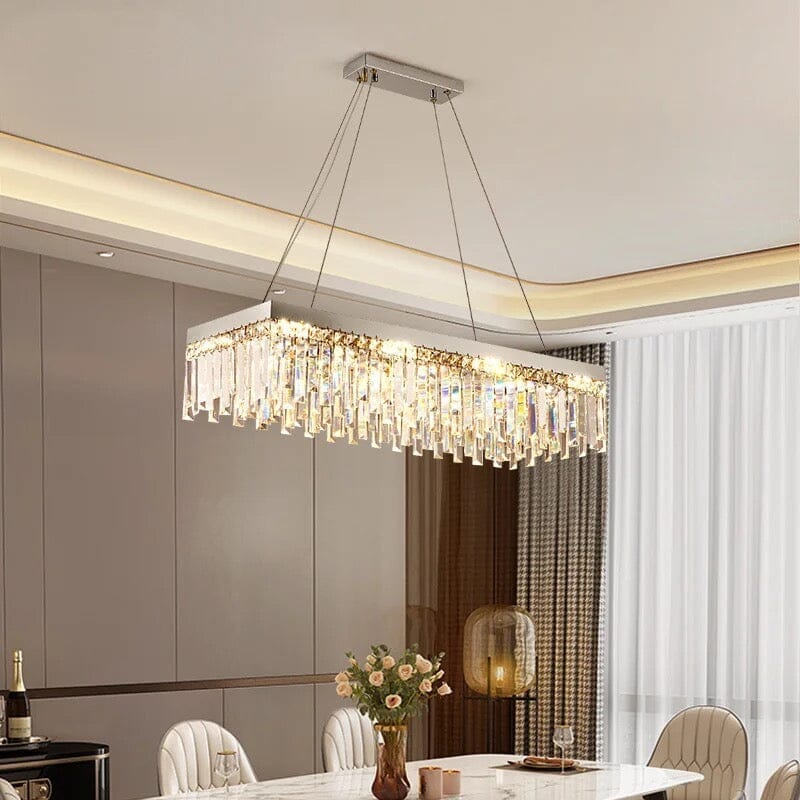 Crystal Ring Chandelier with Remote above a dining table