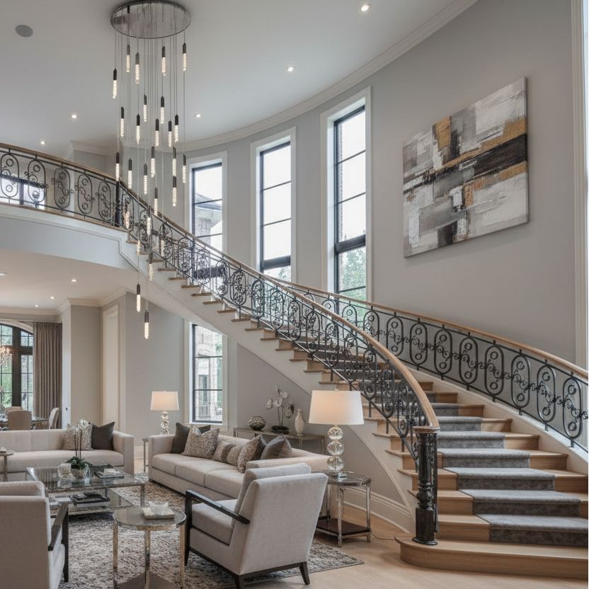 Crystal Tube Waterfall Staircase Chandelier above a staircase