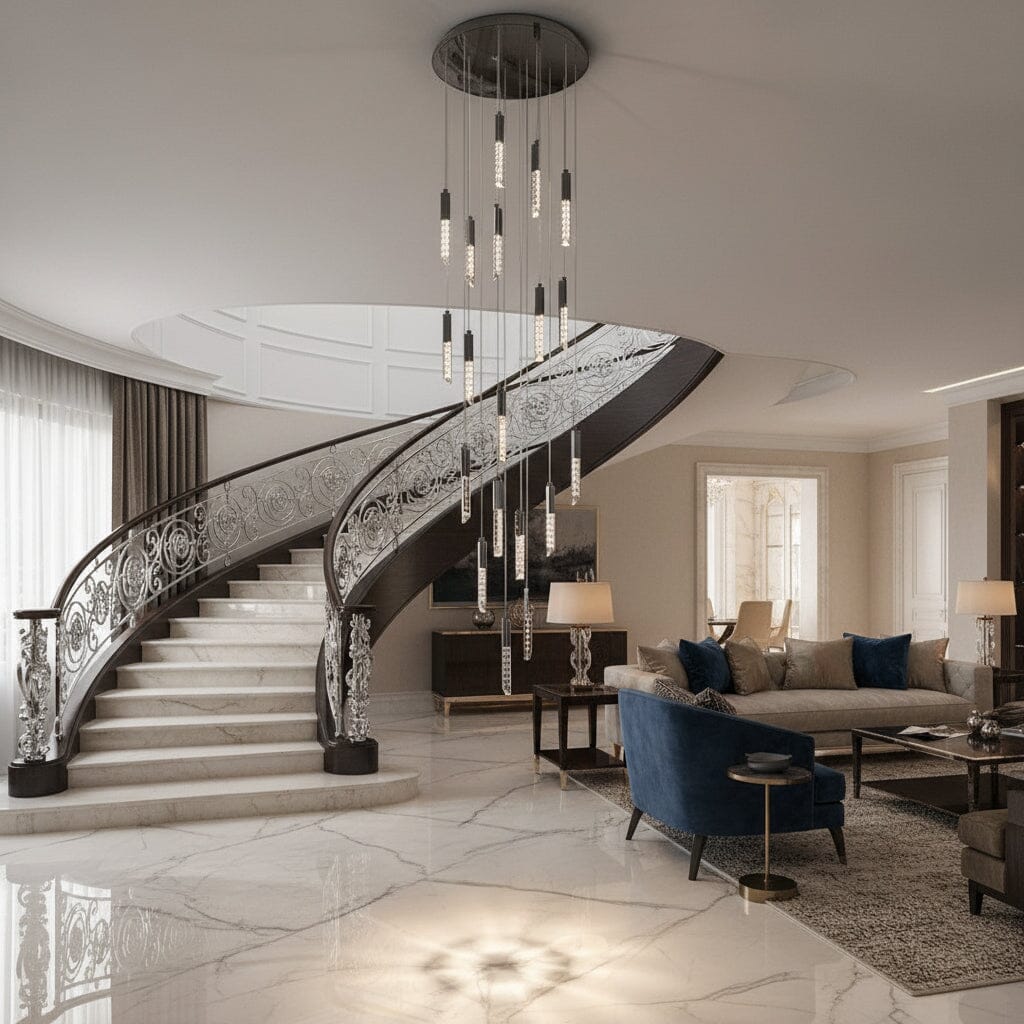 Crystal Tube Waterfall Staircase Chandelier above a staircase