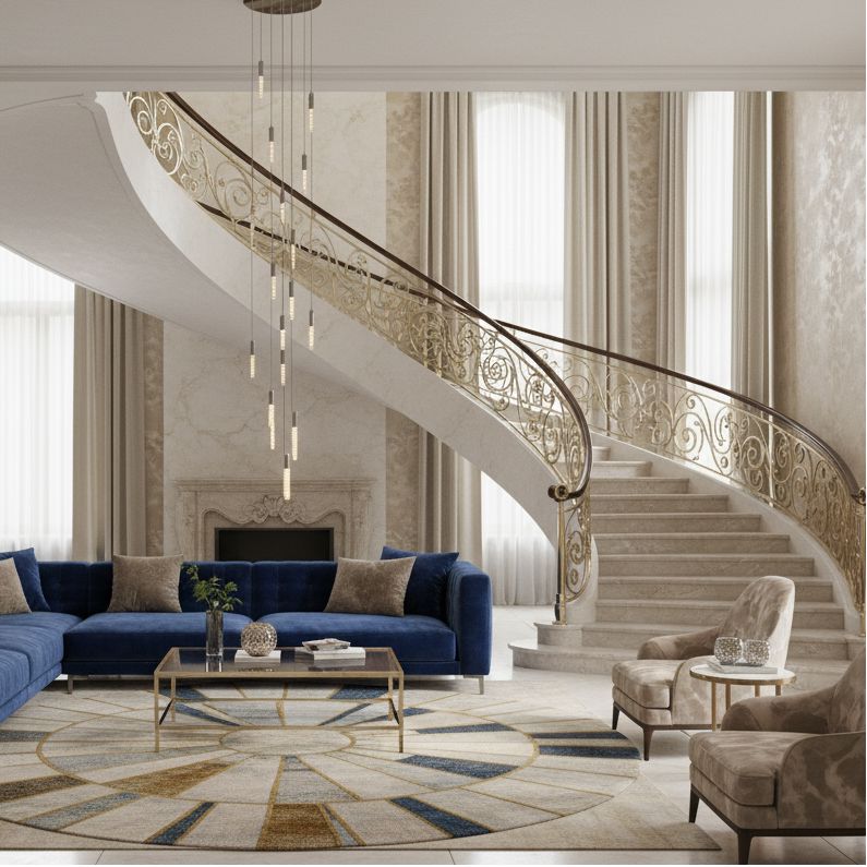 Crystal Tube Waterfall Staircase Chandelier above a staircase