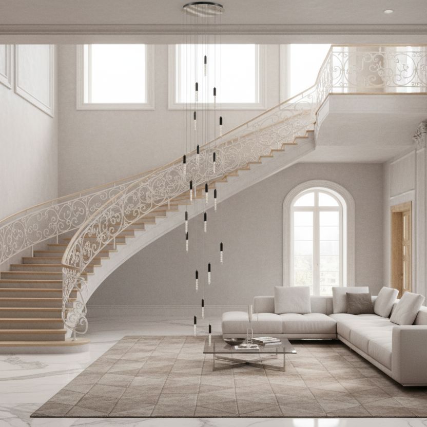 Crystal Tube Waterfall Staircase Chandelier above a staircase