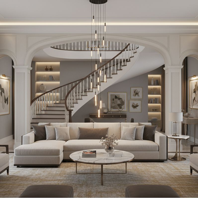 Crystal Tube Waterfall Staircase Chandelier in a living room