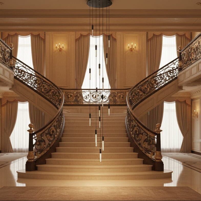 Crystal Tube Waterfall Staircase Chandelier above a staircase