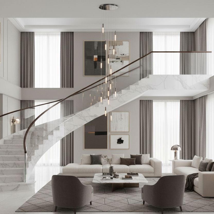 Crystal Tube Waterfall Staircase Chandelier above a staircase