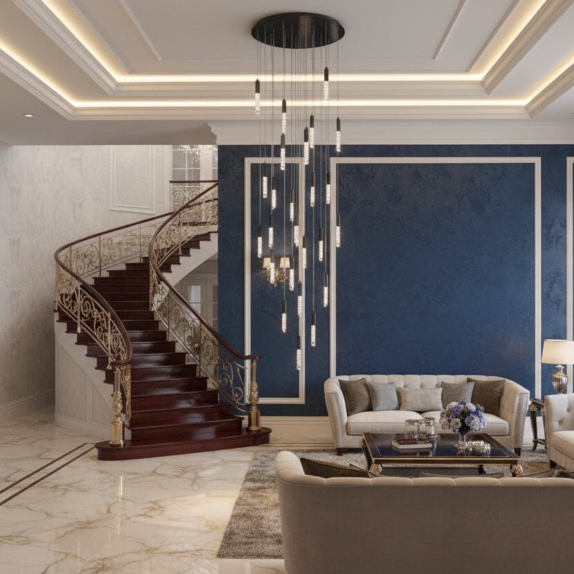Crystal Tube Waterfall Staircase Chandelier above a staircase