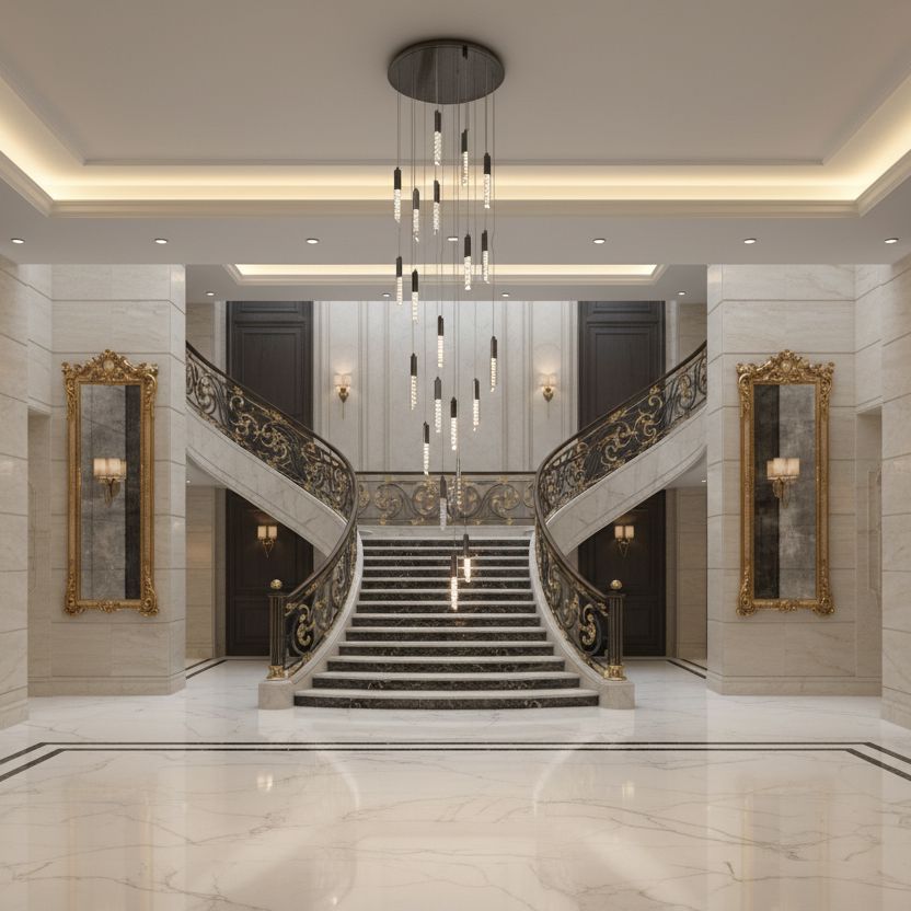 Crystal Tube Waterfall Staircase Chandelier above a staircase