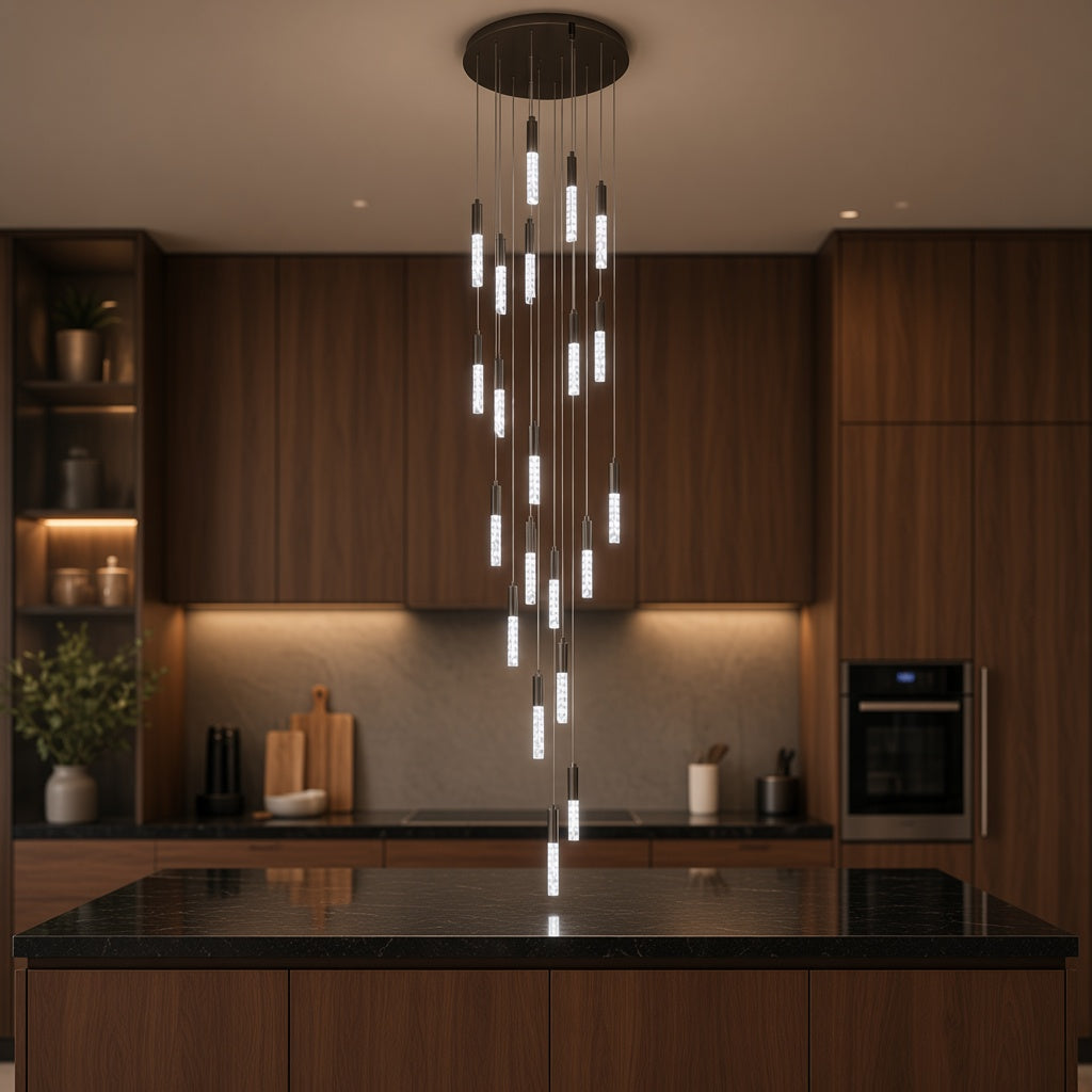 Crystal Tube Waterfall Staircase Chandelier over a kitchen island
