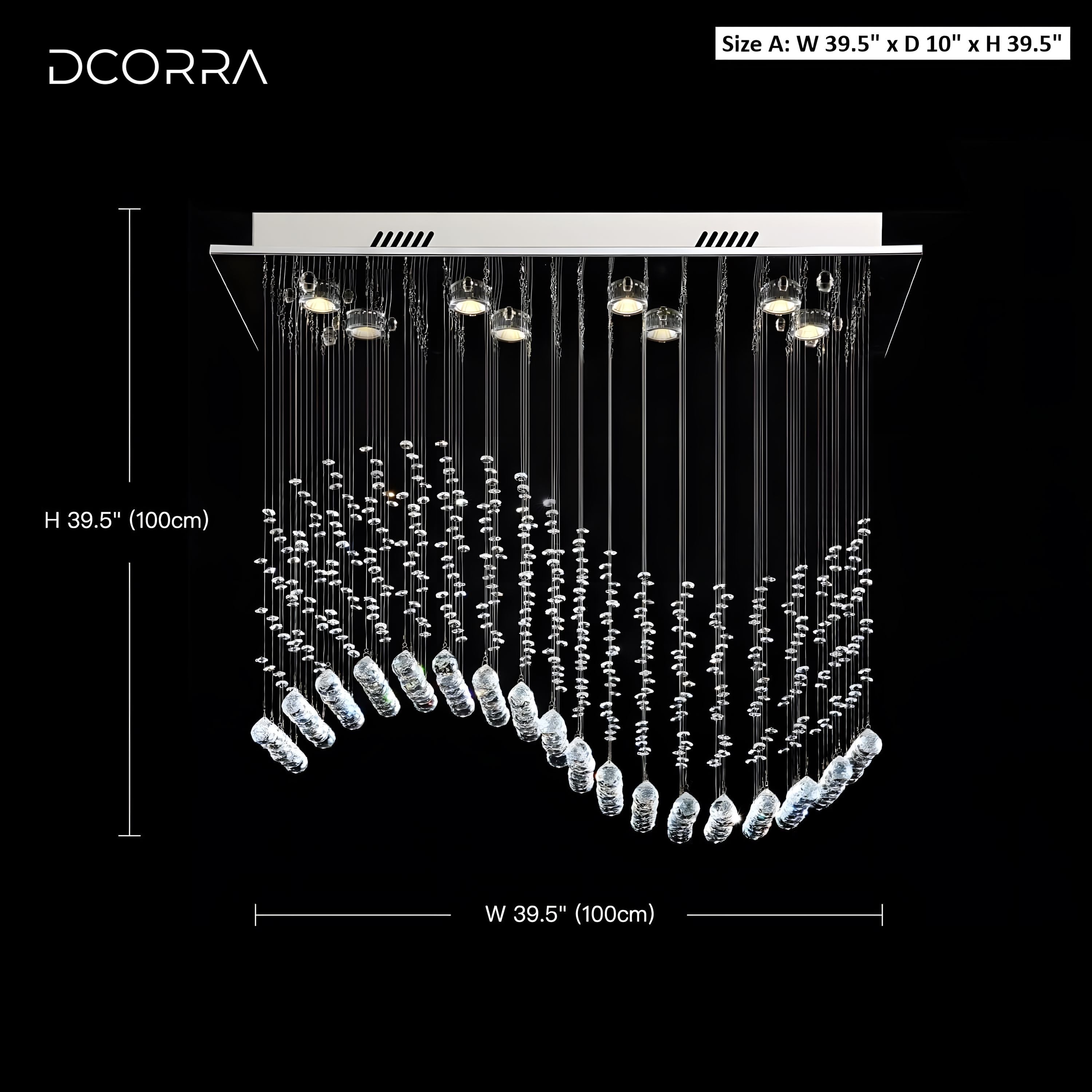 Crystal Wave Rectangular Chandelier - Chrome - W 39.5" x D 10" x H 39.5"