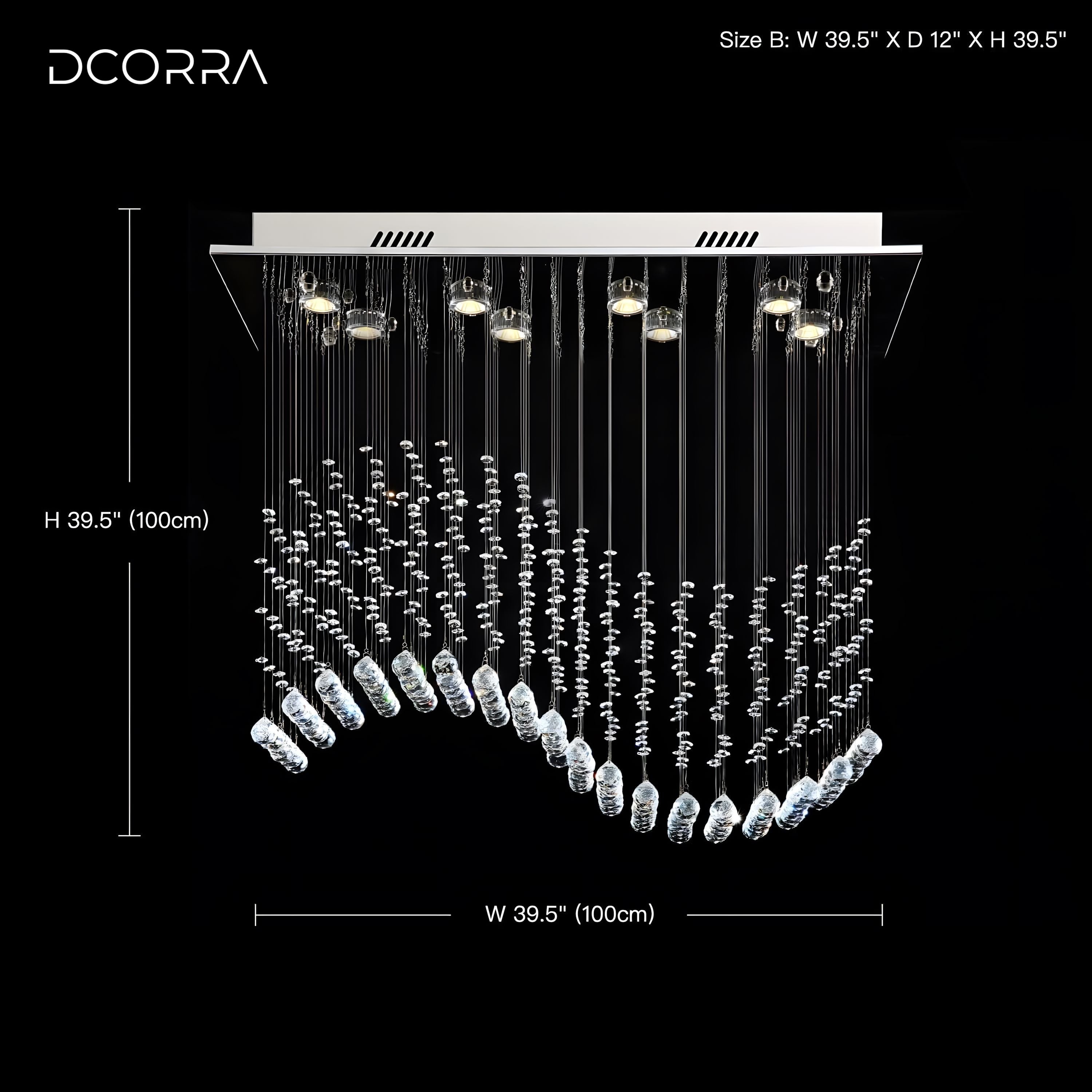 Crystal Wave Rectangular Chandelier - Chrome - W 39.5" x D 12" x H 39.5"