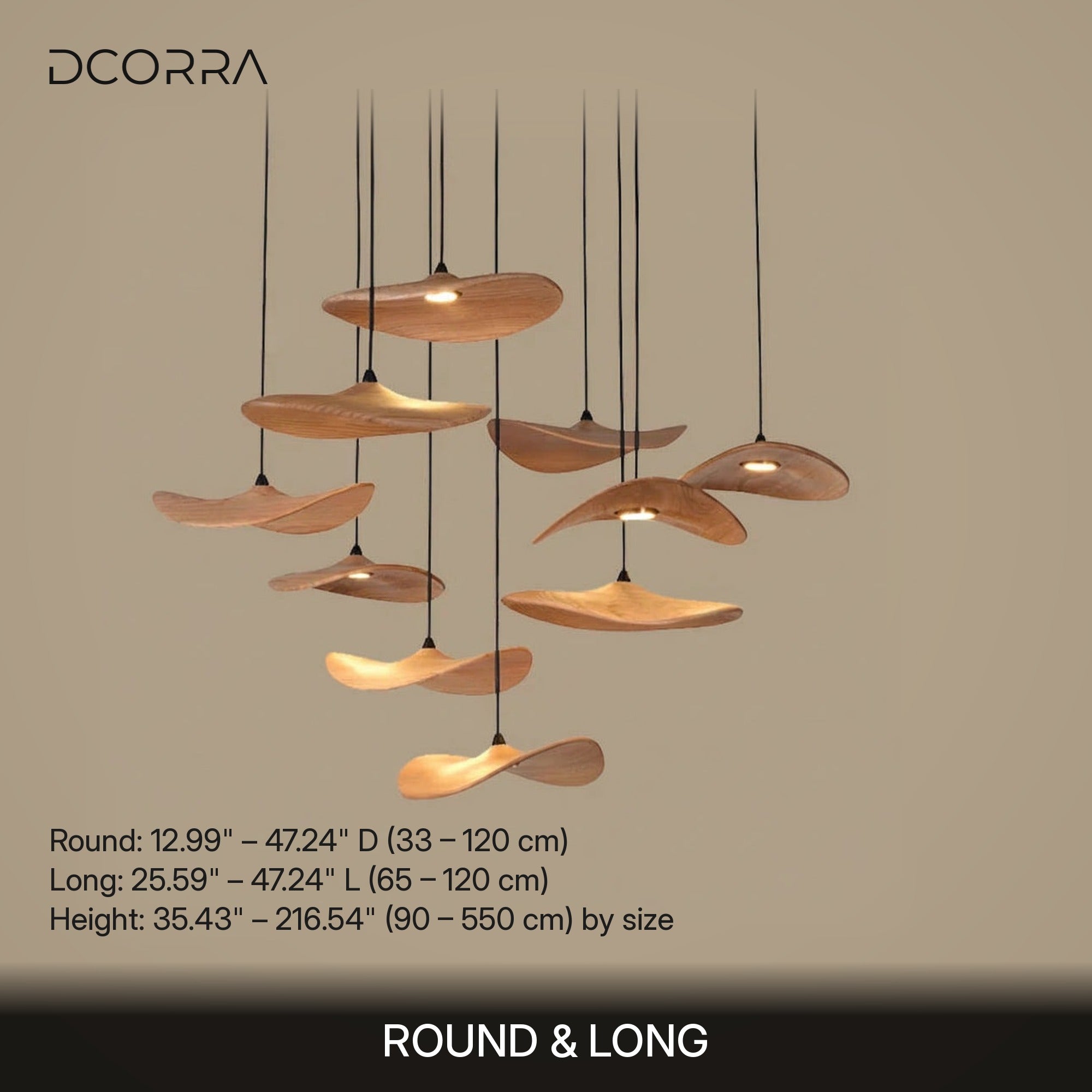 Curved Wood Disc Cloud Chandelier - dimensions
