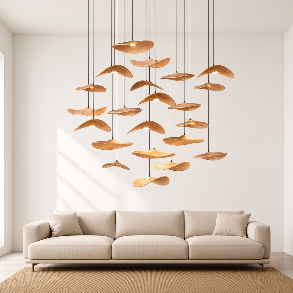 Curved Wood Disc Cloud Chandelier