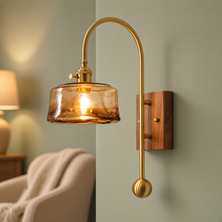 Vintage Brass Arm Wall Sconce with Glass Shade