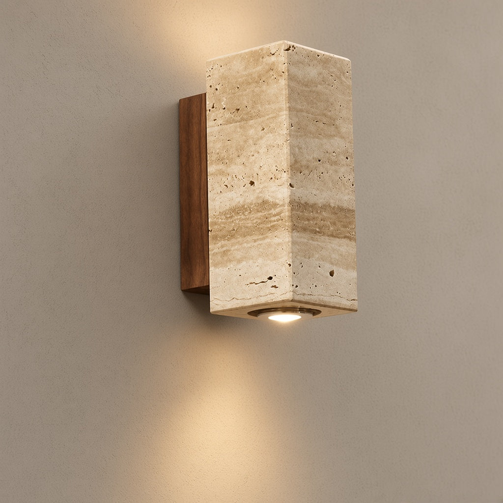 Outdoor Stone Wall Lamp with Wood or Metal Base on an exterior wall