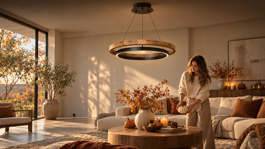 Wood ring LED chandelier glowing above a sunlit living room with autumn decor