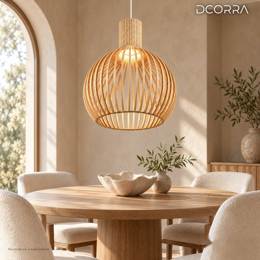 Nordic Wooden Cage Pendant Light above a dining table