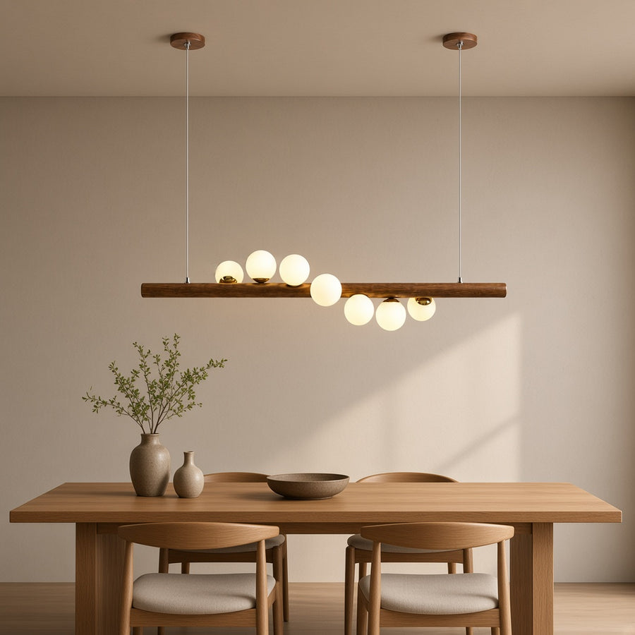 Walnut and Glass Ball Linear Chandelier