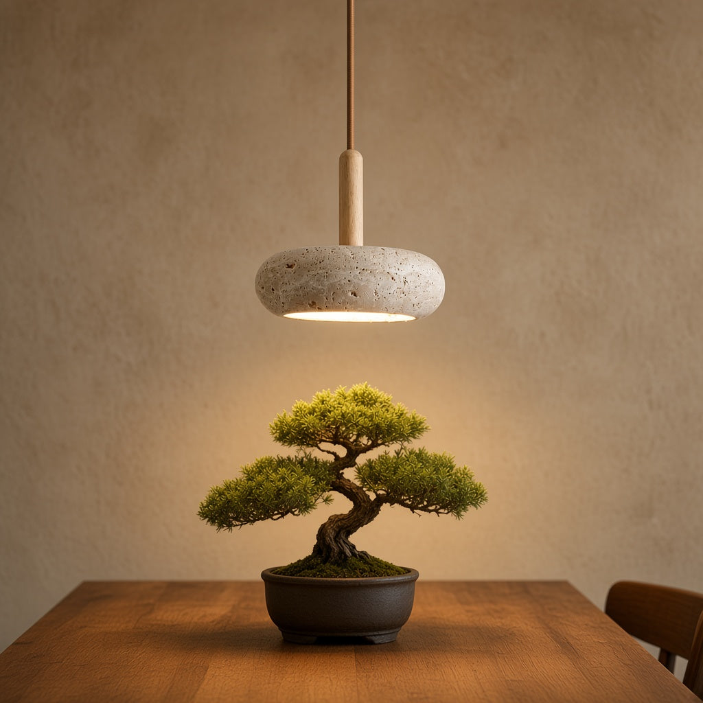 Japanese Stone and Wood Pendant Light above a dining table