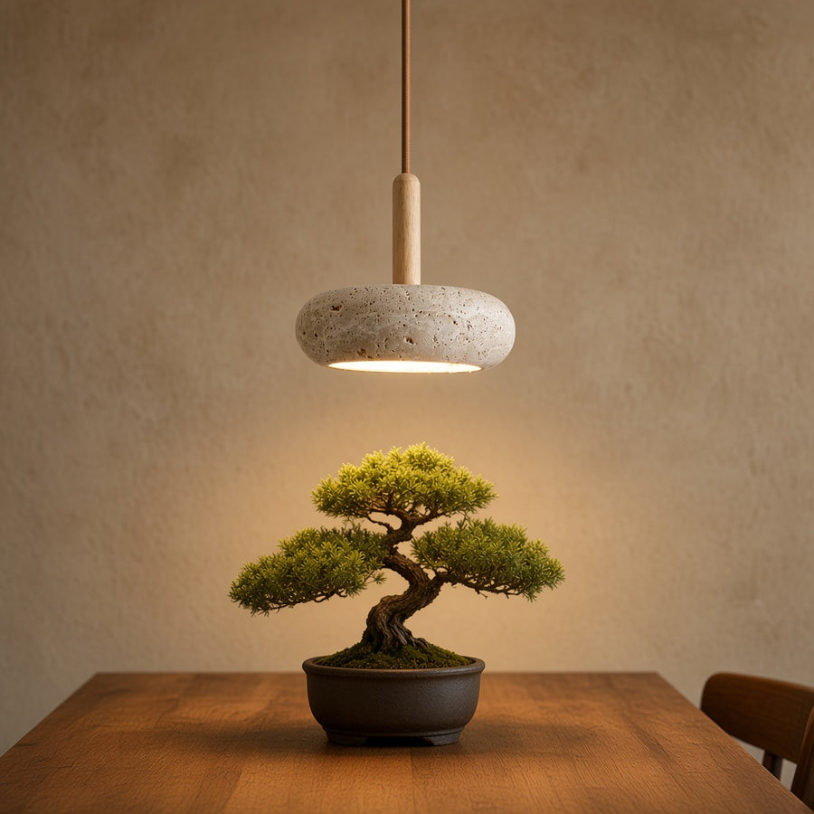 Japanese Stone and Wood Pendant Light