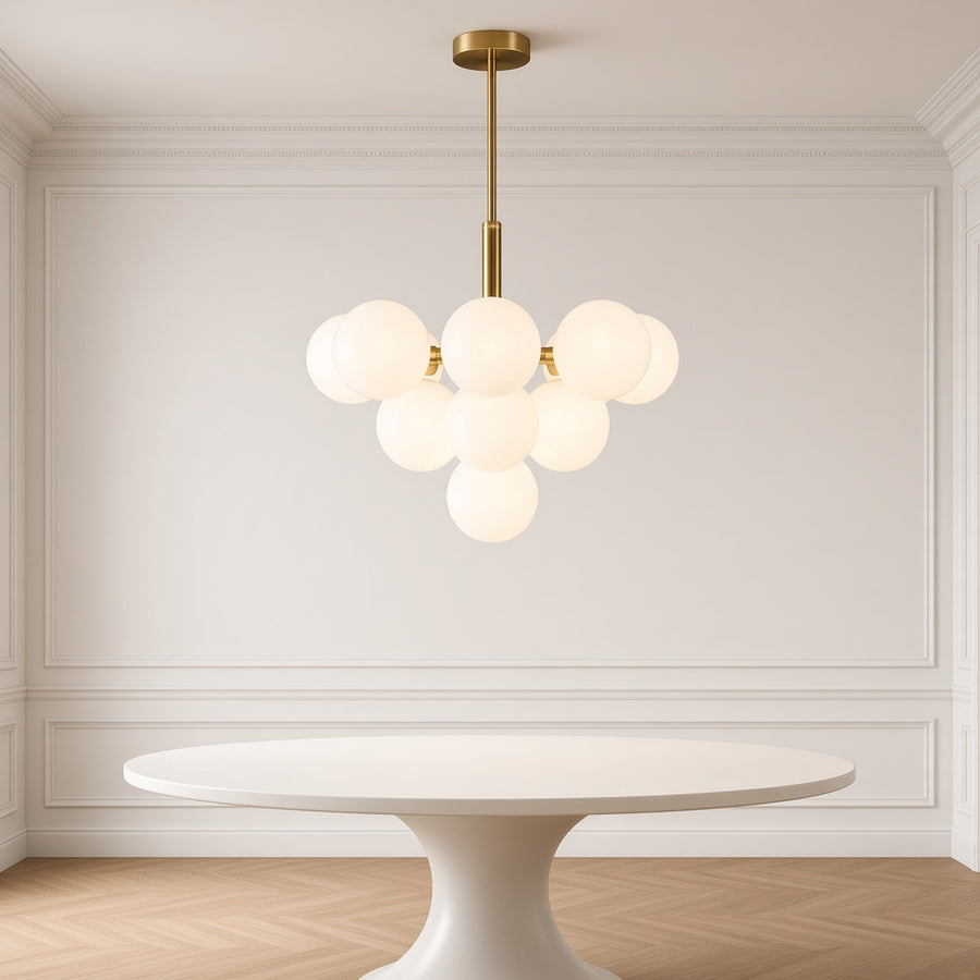 Brass and Opal Glass Globe Chandelier