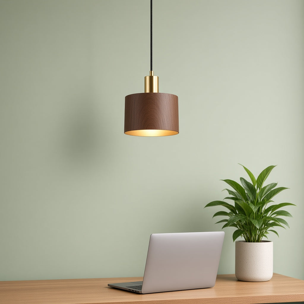 Copper and Wood Cylinder Pendant Light