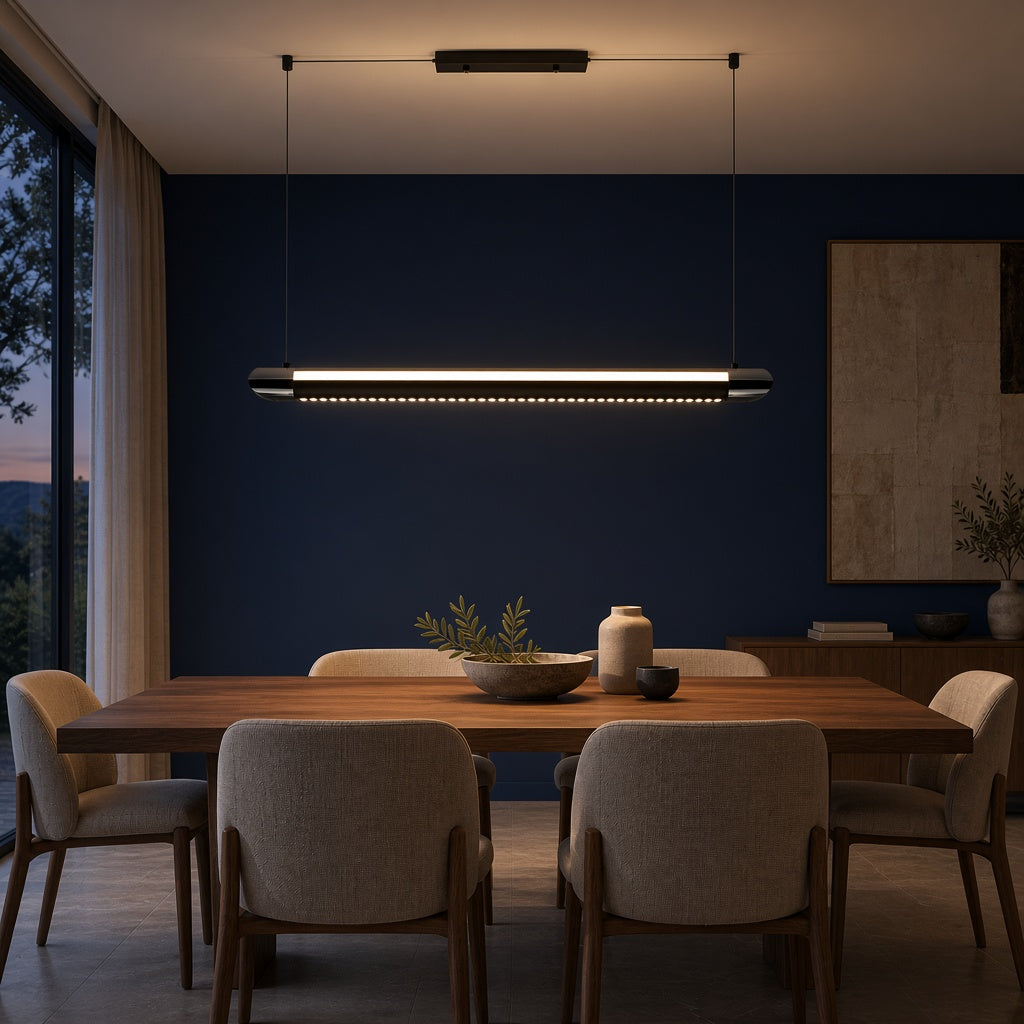 Glossy Black Linear LED Pendant Light with Remote